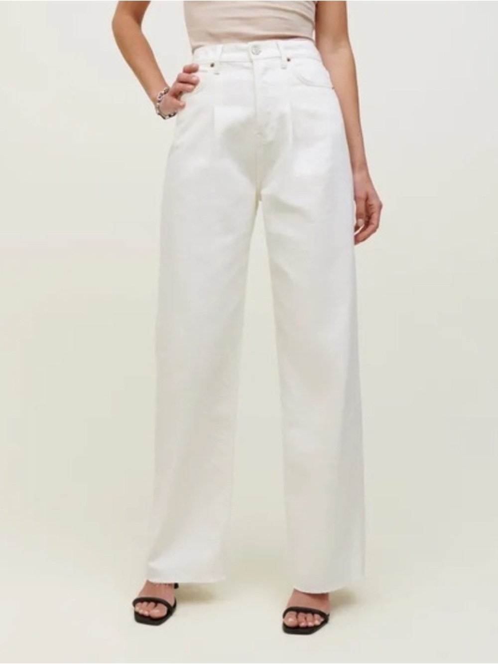Reformation Pleated Reworked High Rise Wide Leg White Jeans